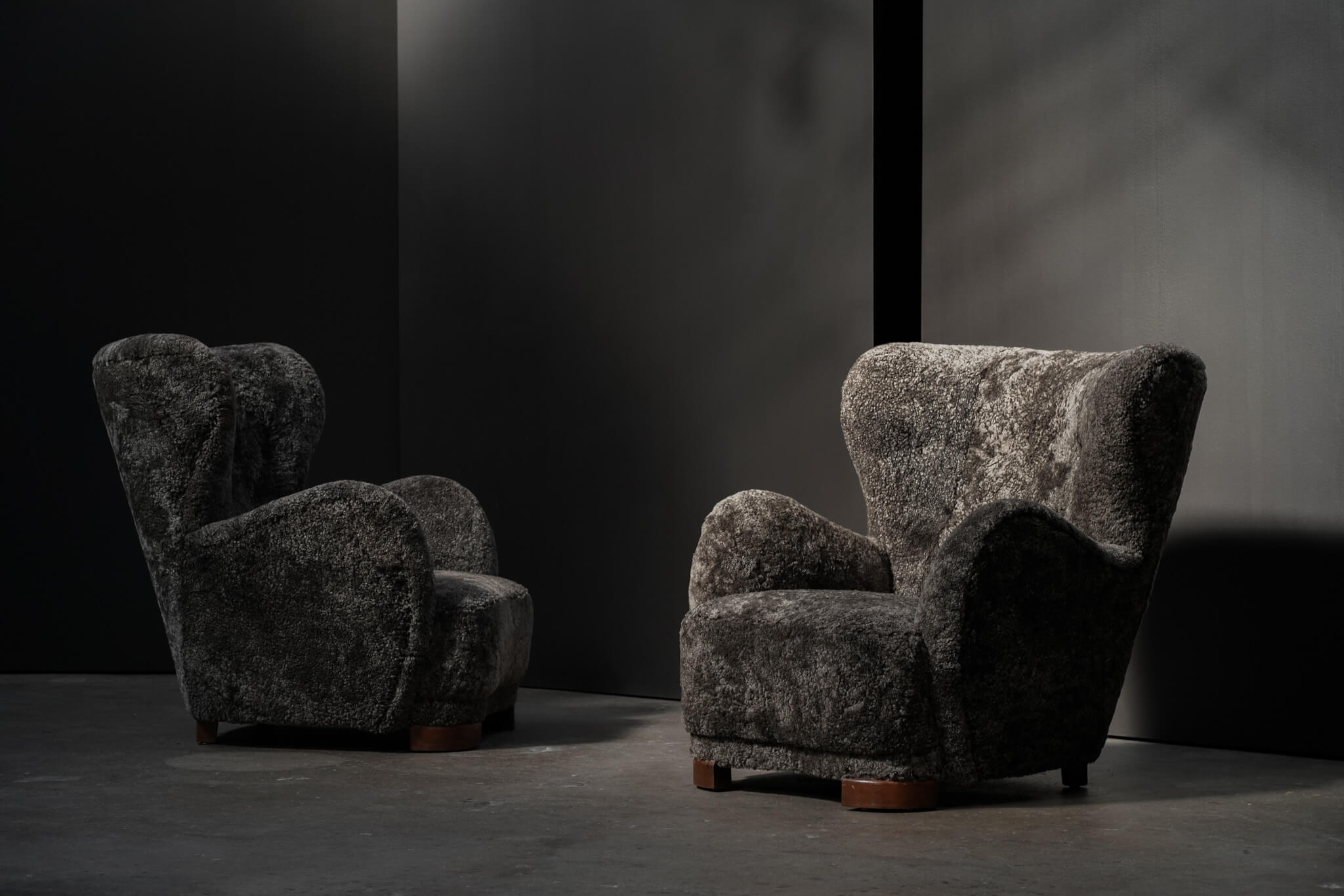 Pair of Danish Wing Chairs, Slate Shearling